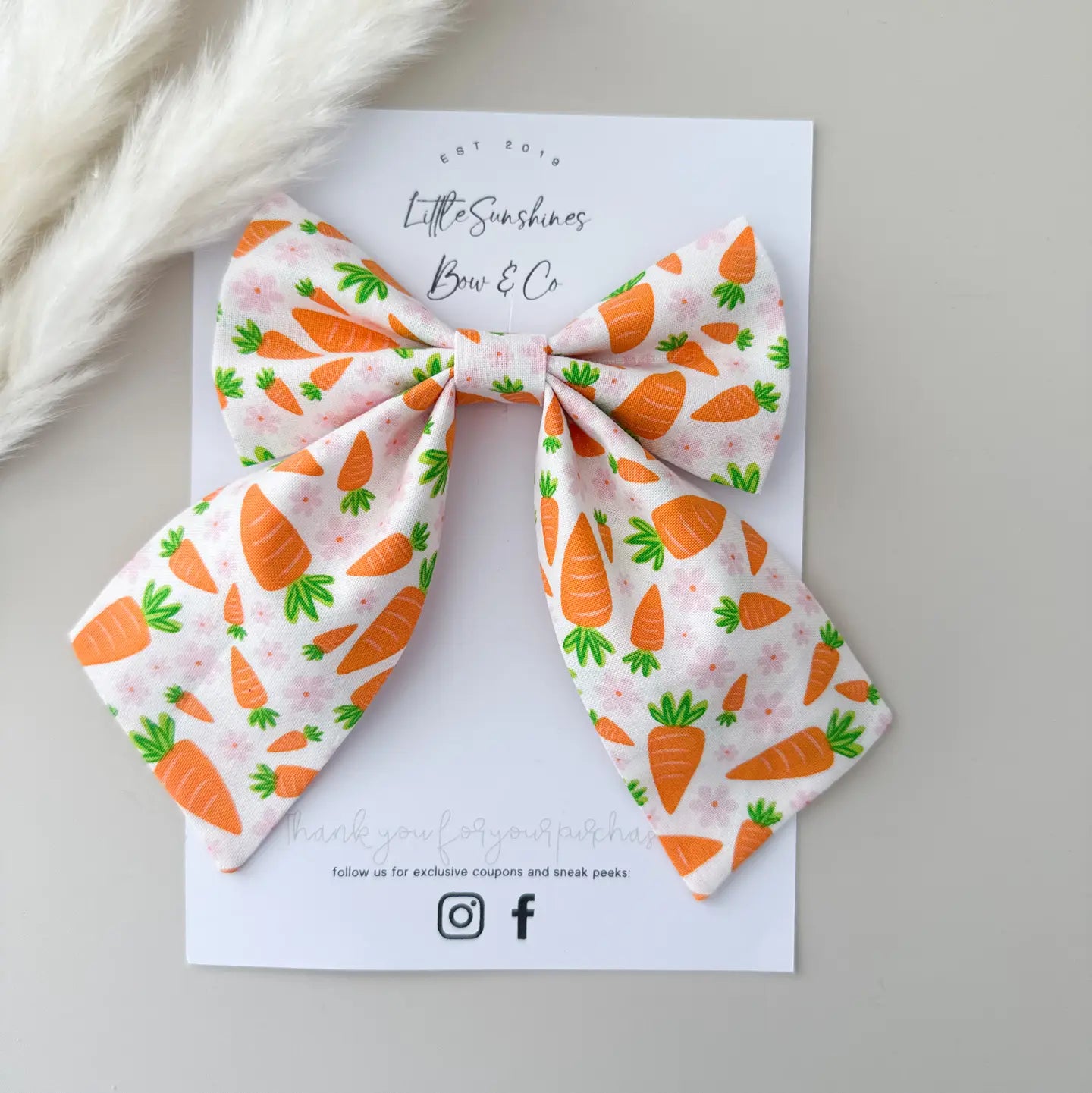 Bow with carrot pattern on a white card with branding and social media information.