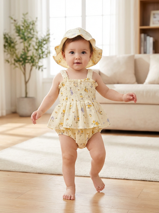 Baby wearing a yellow floral muslin smocked romper with a matching wide-brim sun hat in a bright room.