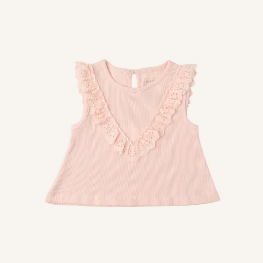 A light pink sleeveless ribbed knit top for toddlers, featuring a scalloped eyelet lace V-neckline and ruffled shoulder straps, shown flat on a white cream background.