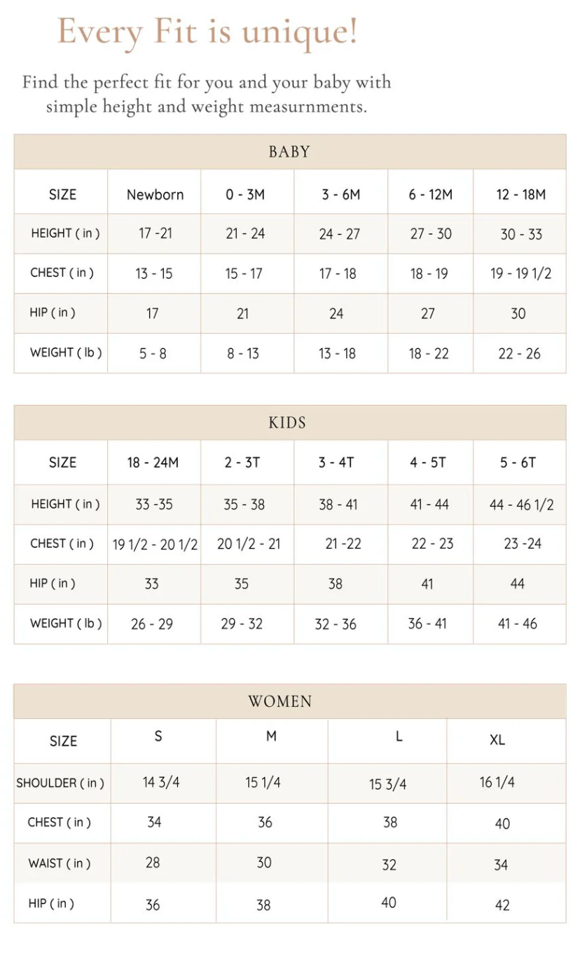 Size chart for baby, kids and women behind white background