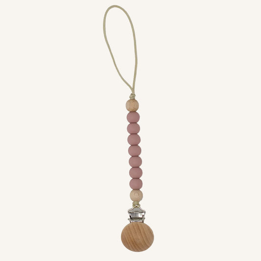 Beaded pacifier clip with wooden ball on a white background