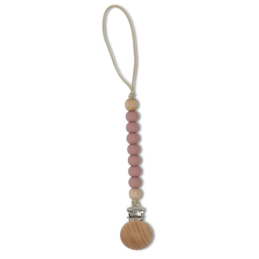 Beaded pacifier clip with wooden ball on a white background