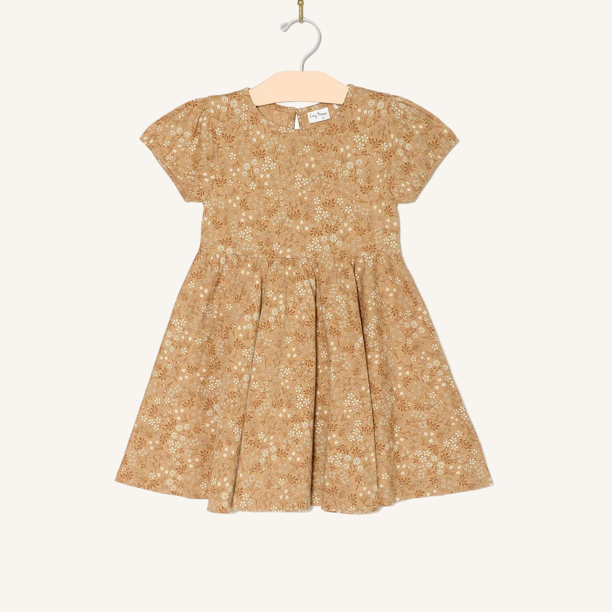 Beige floral dress on a hanger against a white background