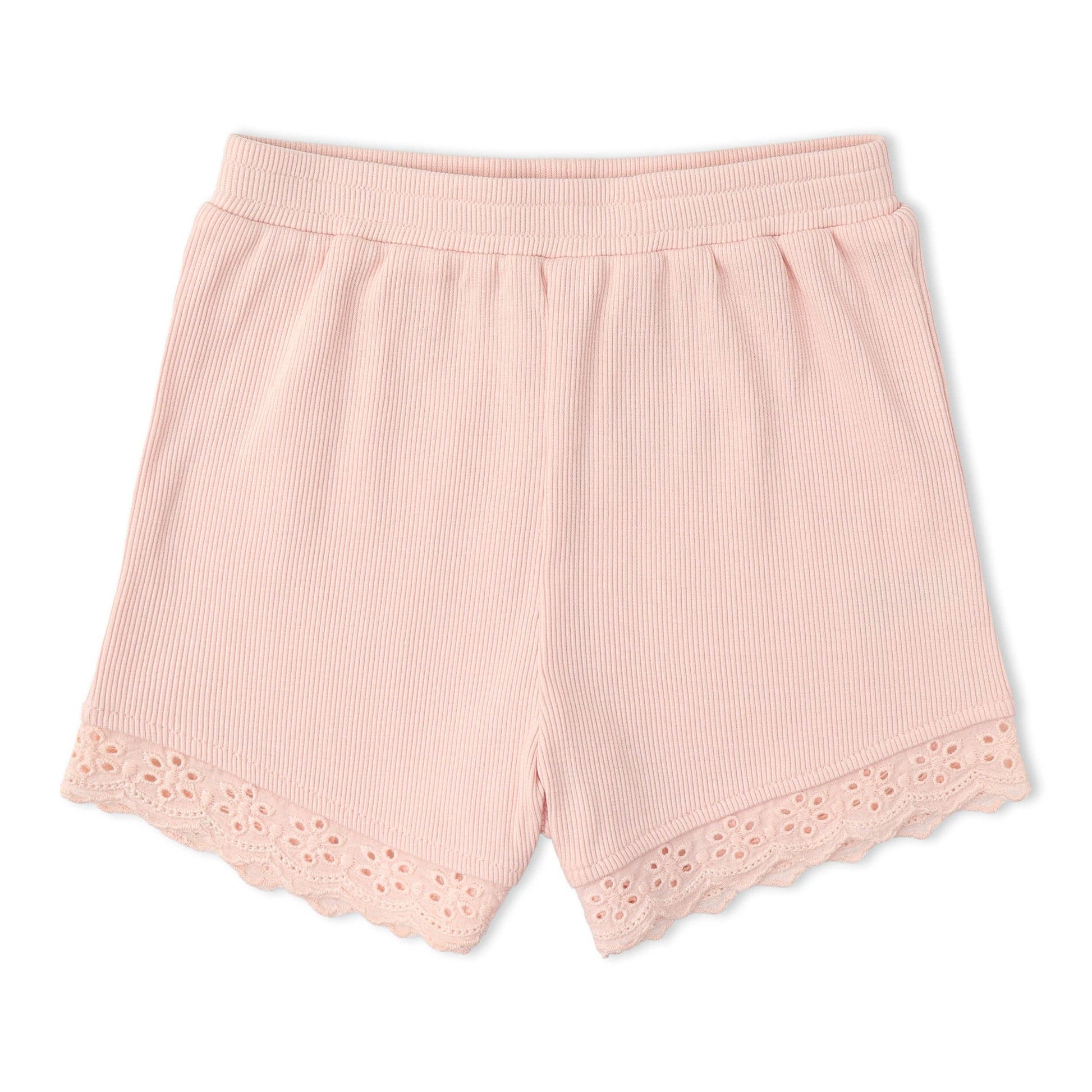 Pink ribbed shorts with eyelet lace trim on a white background