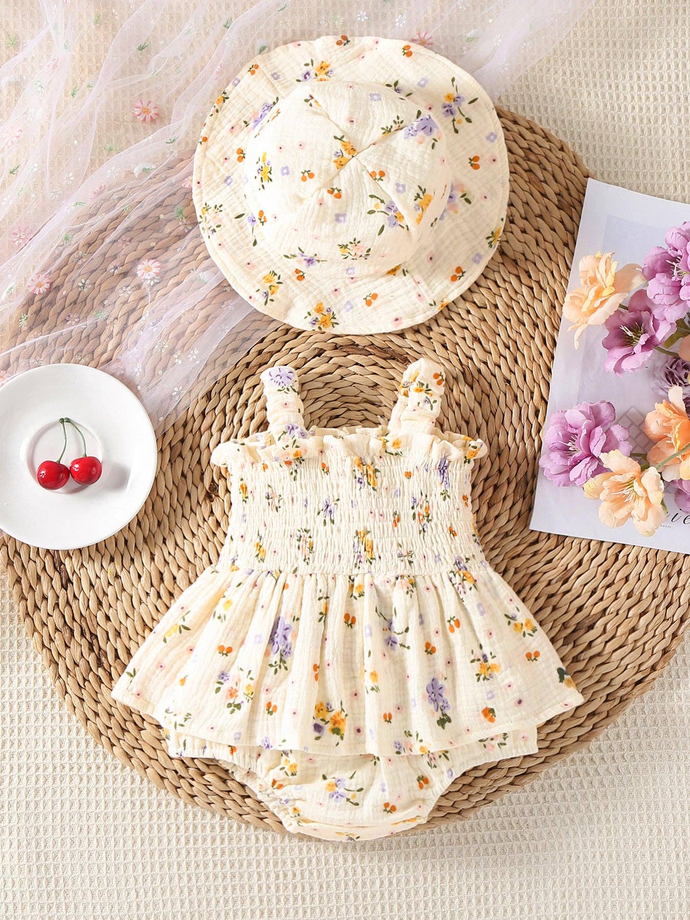 100% Cotton Muslin Floral Smocked Baby Romper & Sun Hat Set
