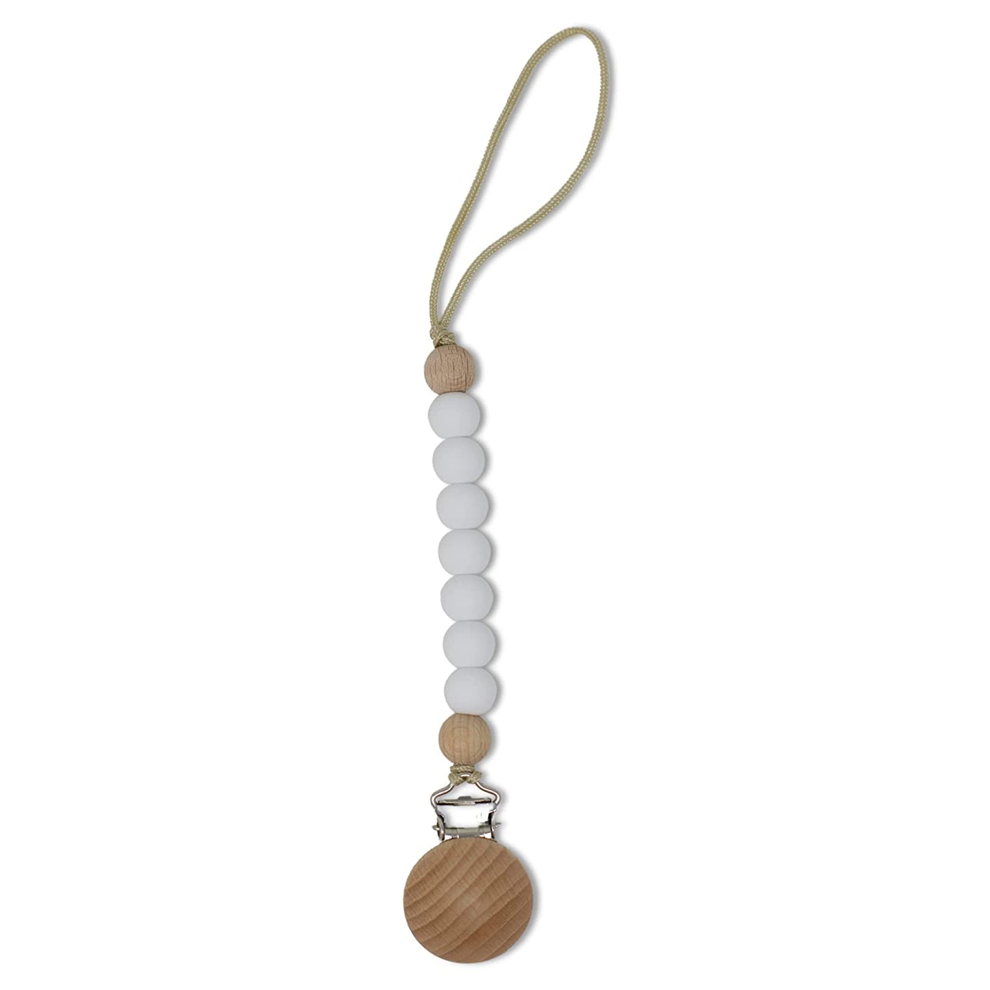 Beaded white keychain with wooden accents on a white background