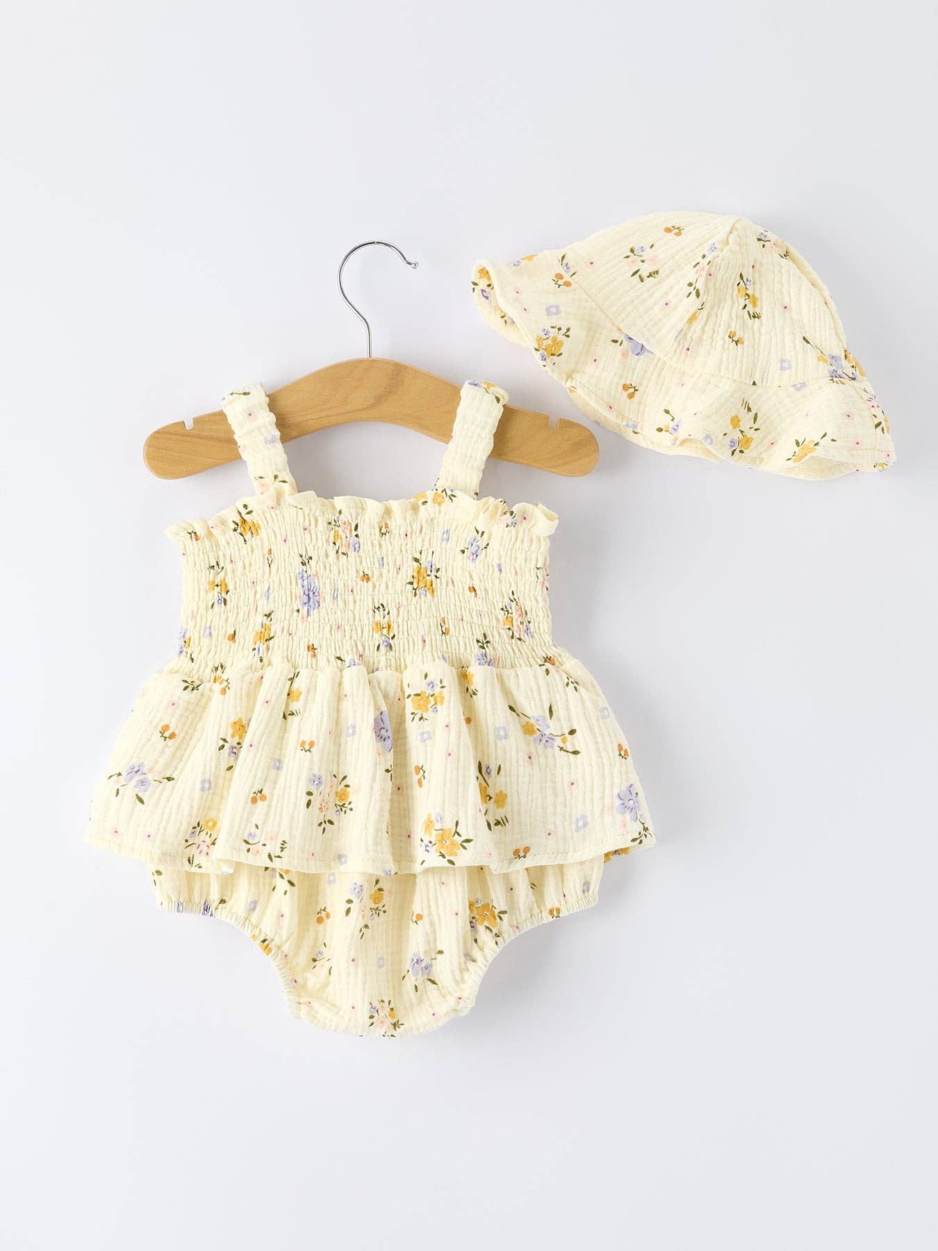 100% Cotton Muslin Floral Smocked Baby Romper & Sun Hat Set