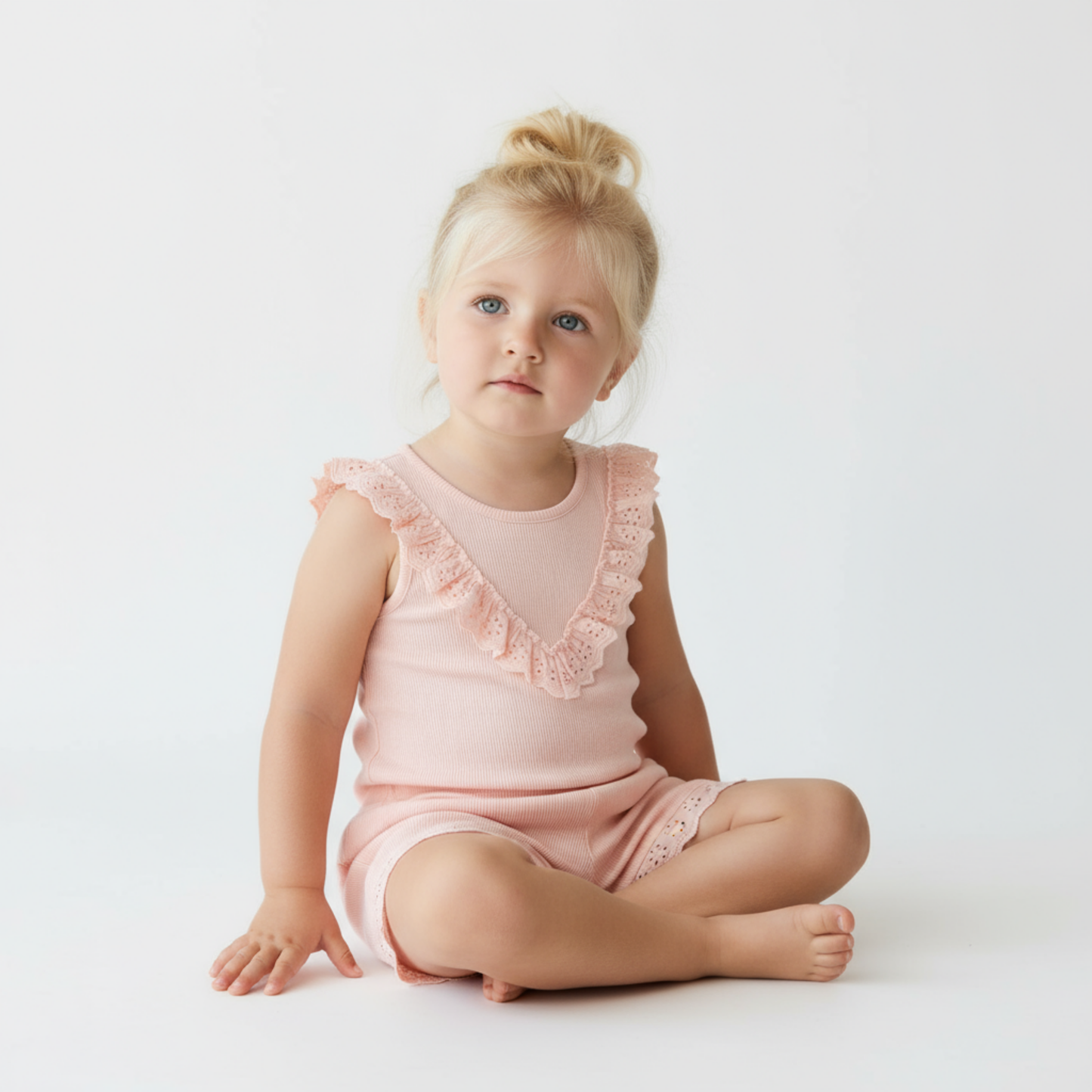 Girl in pink ruffled set sitting cross-legged on a white background