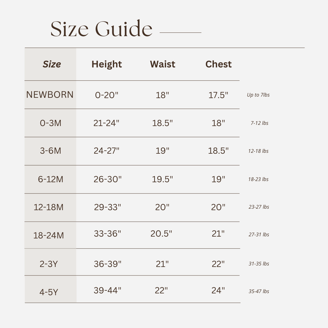 Size guide chart for children's clothing with measurements in height, waist, and chest.