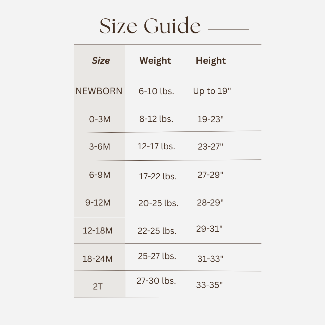 Size guide chart for infants with weight and height ranges.