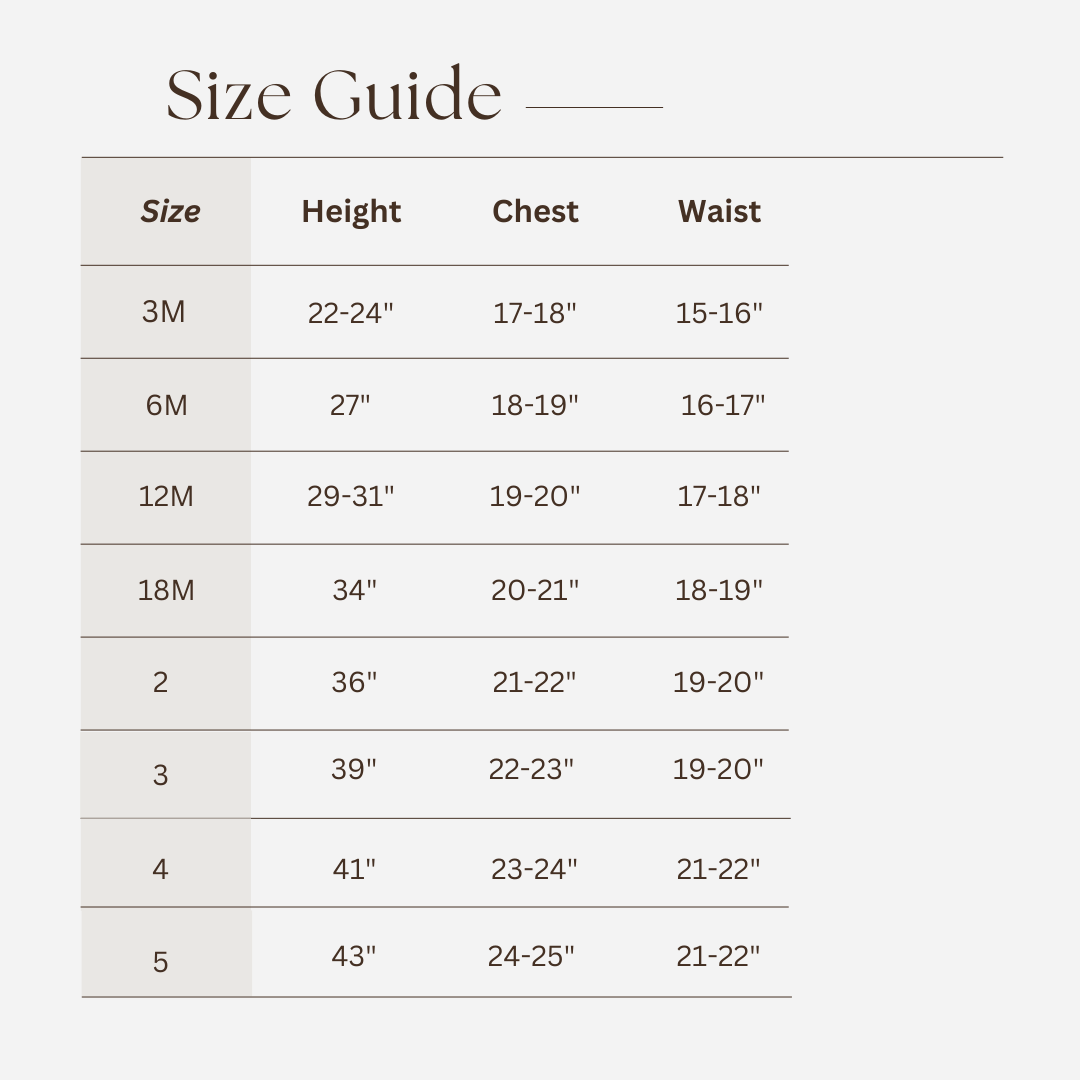 Size guide chart for children's clothing with height, chest, and waist measurements.