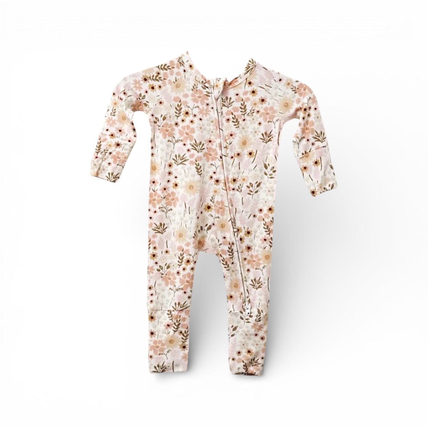 A high-quality baby bamboo romper featuring a full-length zipper and a delicate, vintage-inspired floral pattern. The print includes soft peach, tan, and muted yellow wildflowers with sage green leaves on an off-white background. The garment is shown as a flat lay against a clean, bright white backdrop.