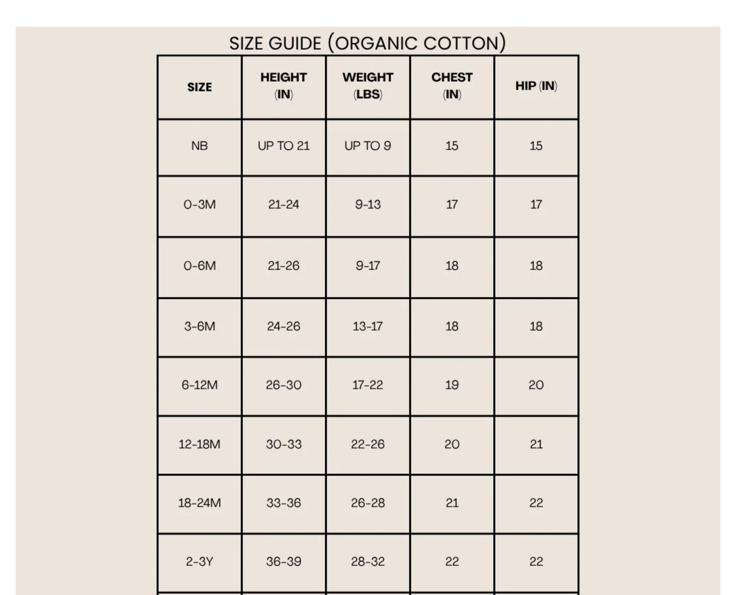 Size guide for organic cotton clothing on a beige background