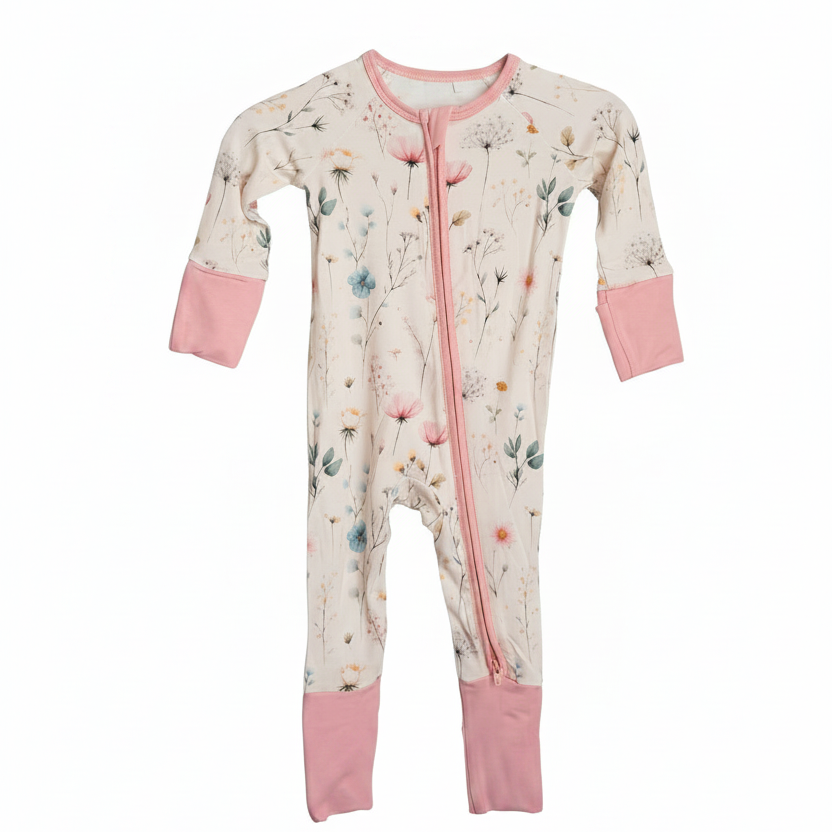Floral-patterned baby onesie with pink accents hanging on a white rack.