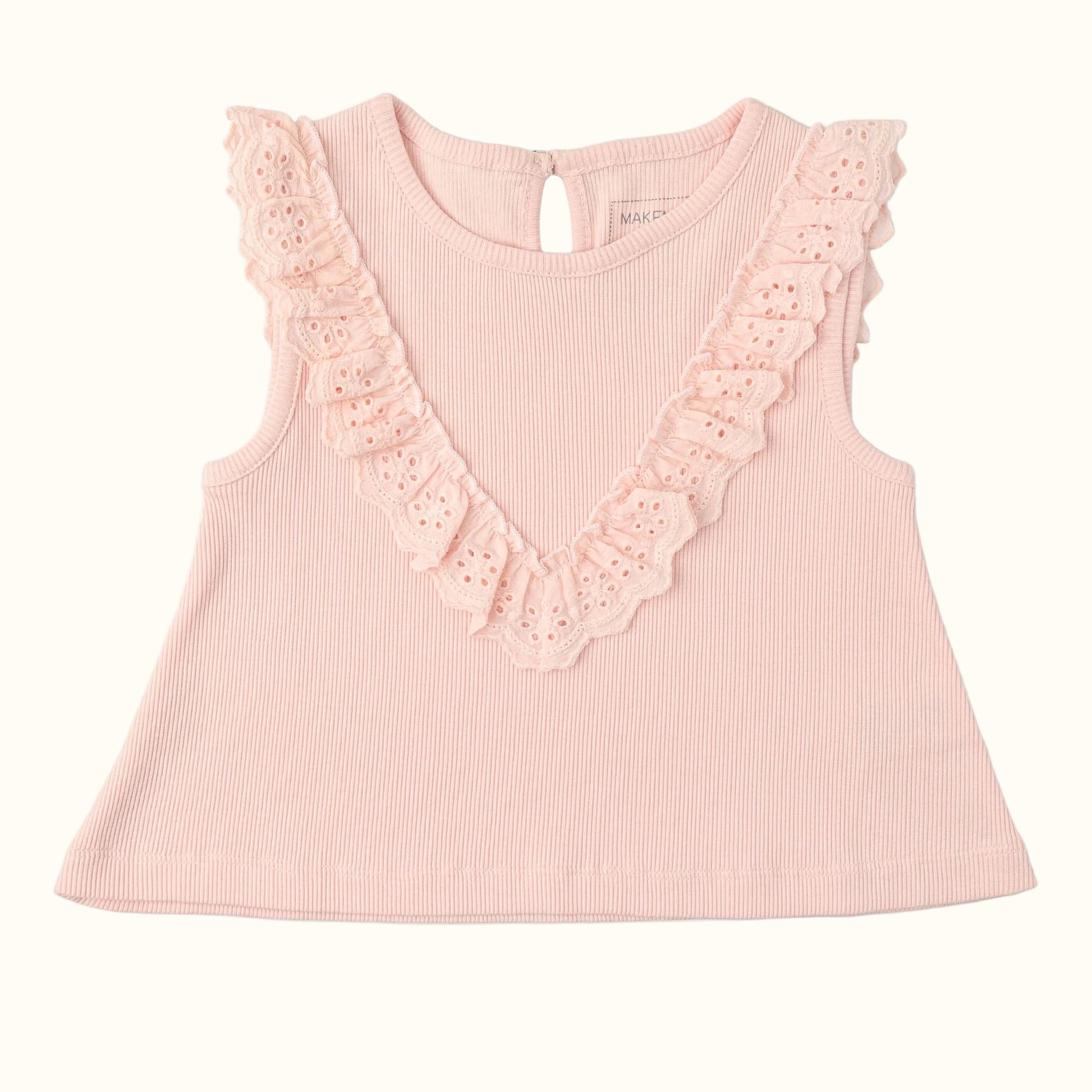 Pink sleeveless top with lace details on a white background