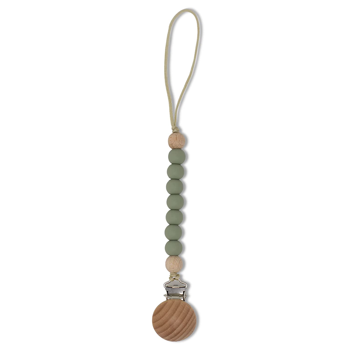 Beaded pacifier clip with wooden and green beads on a white background