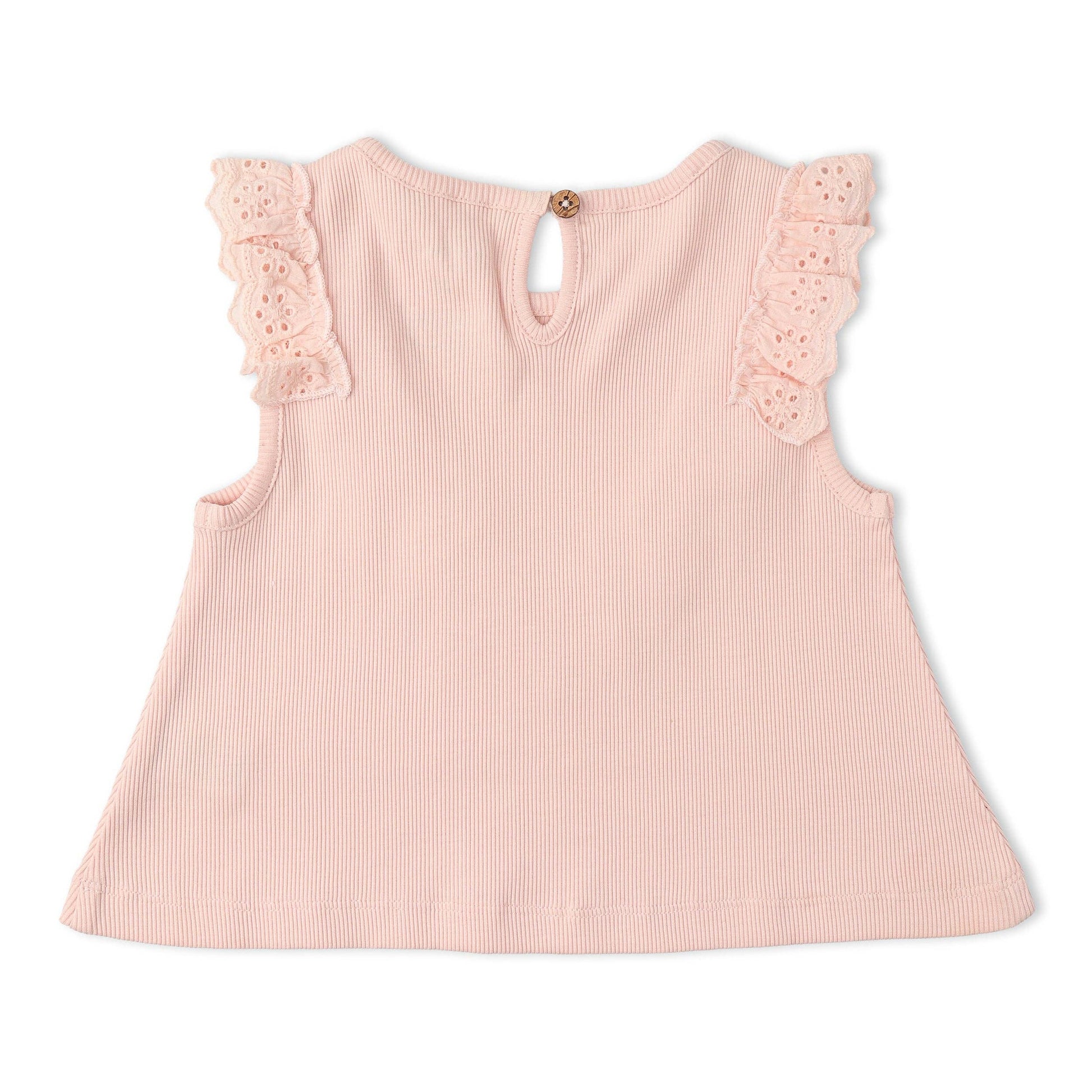 Back of pink ruffled top with wood button on a white background